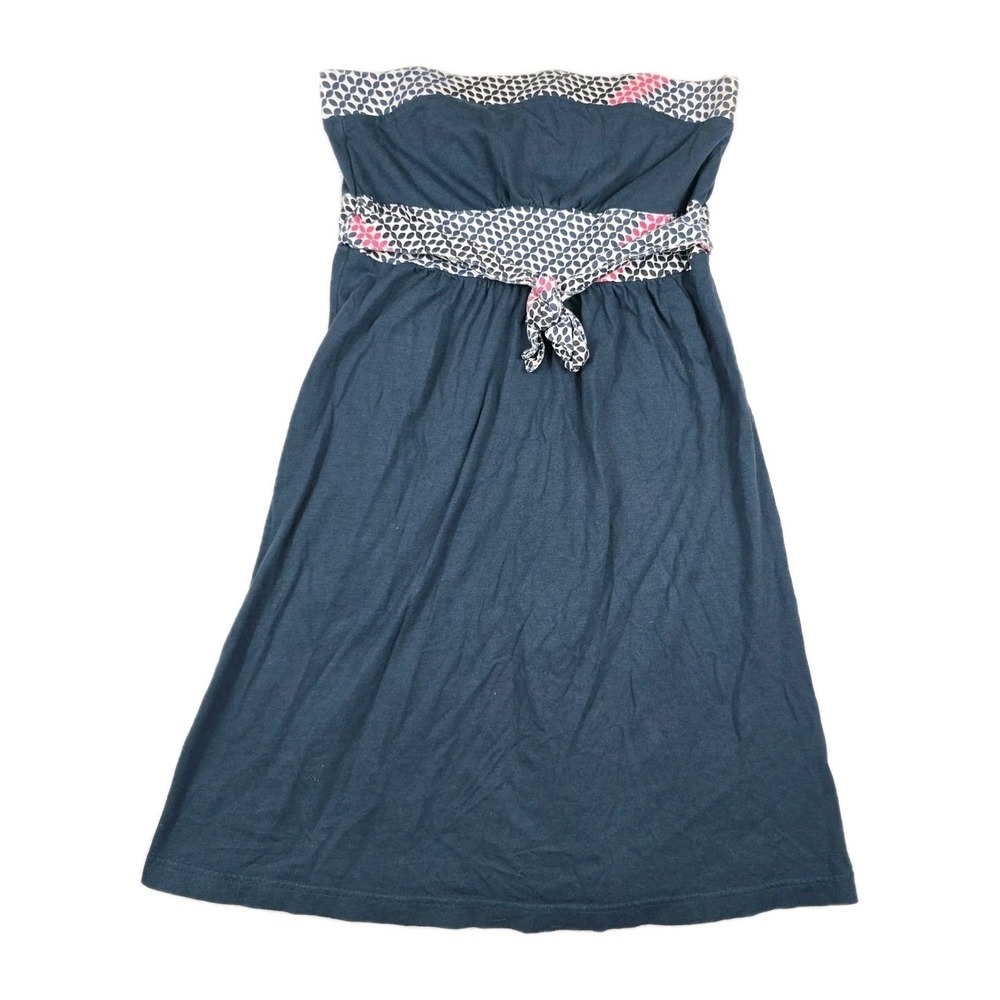 Roxy Y2K Strapless Dress Juniors XS Navy Blue Front Tie A-Line Geometric Trim